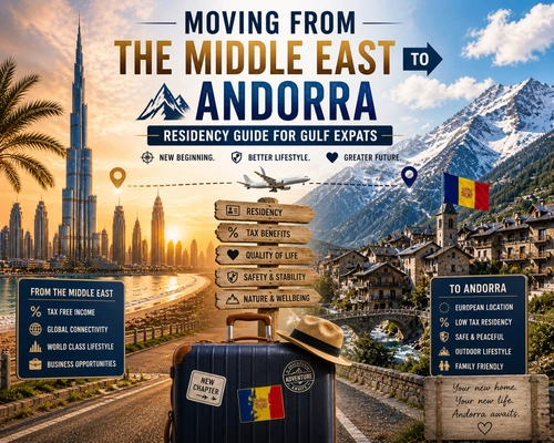 Dubai skyline and Andorra mountain village - Moving from Dubai to Andorra guide image.