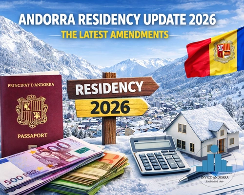 Imagen residencia Andorra 2026: montañas nevadas, bandera de Andorra, cartel residencia 2026