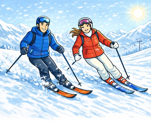 Couple carving down a ski slope in Andorra on a sunny winter day with snowy mountains